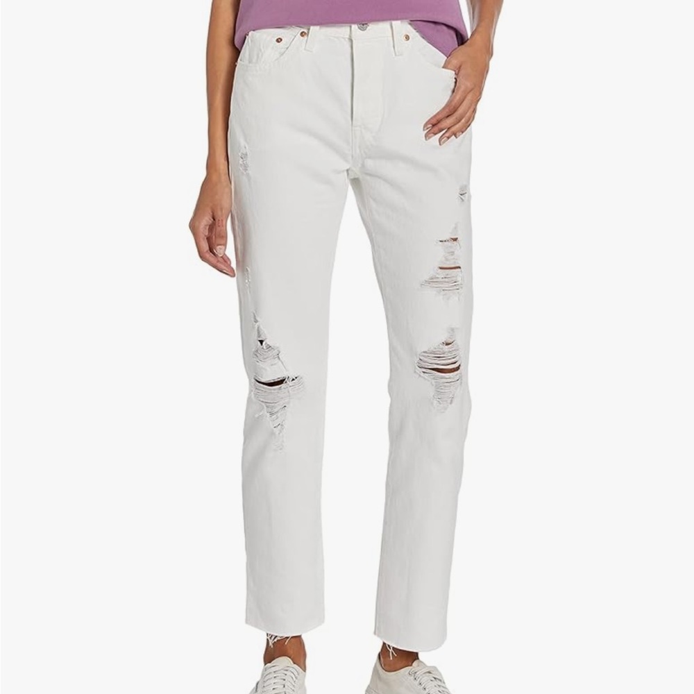 Levi’s 501 original fit jean white distressed raw hem size 25